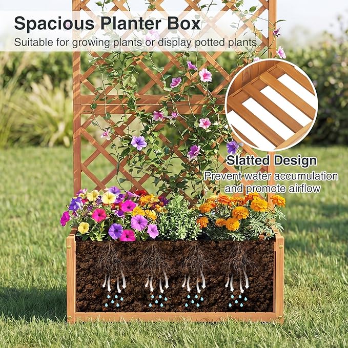 S AFSTAR 2 Pieces Wooden Raised Garden Bed with Trellis 63 Tall Planter Box with Drainage for Vines Climbing Plants Flowers Herbs Elevated Gardening Planter for Backyard Balcony &amp Patio