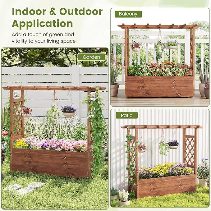 Giantex Raised Garden Bed with Sided Trellis &amp Roof Set 2 31”x16”x41” Wood Elevated Planter Box Freestanding Garden Planter Raised Bed for Flowers Herbs Climbing VinesBrown