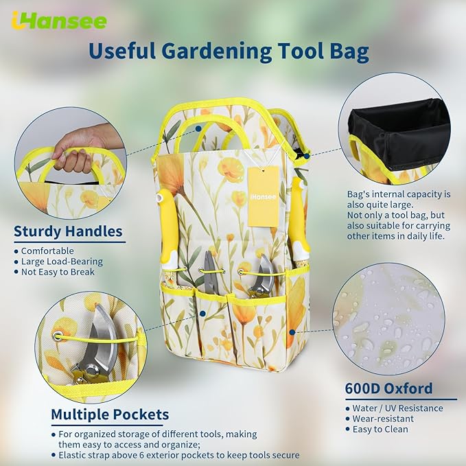 Yellow Garden Tools Set for Women iHansee 10-Piece Gardening Tool Kit with Handbag Non-Slip Ergonomic Handles Gardening Gift for Women Mom Garden Lovers