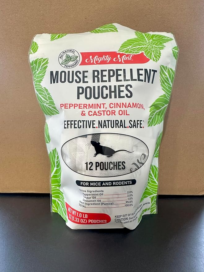 Mighty Mint Mouse Repellent Pouches – Peppermint Castor Oil &amp Cinnamon Formula – Natural Indoor Deterrent for Mice and Rodents – Plant-Based Long-Lasting Protection – 12 Count (Pack of 2)