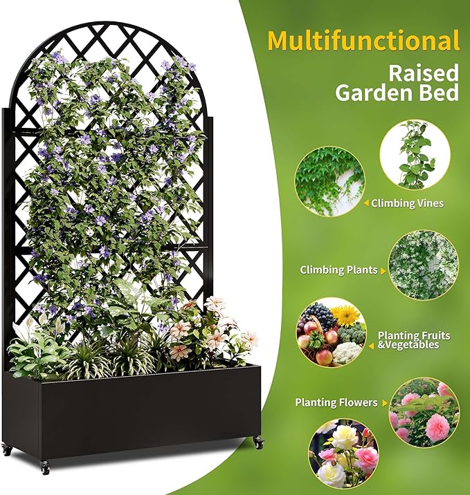 Metal Planter Box with Trellis &amp Wheels Outdoor Privacy Planters for Patio Mobile Raised Garden Bed with Trellis for Climbing Plants Balcony &amp Backyard (Black 2)