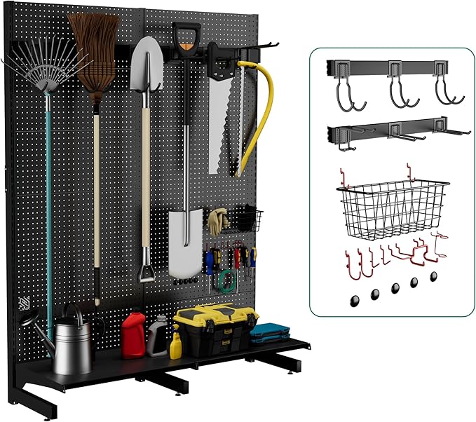 JWX Garage Pegboard Tool Organizer Free Standing Organizer Storage Rack with 21 Pegboard Storage Set Max 300 lbs Super Heavy Duty Garden Tool Hanger Rack for Ski Gears Broom Shovel Yard Tools