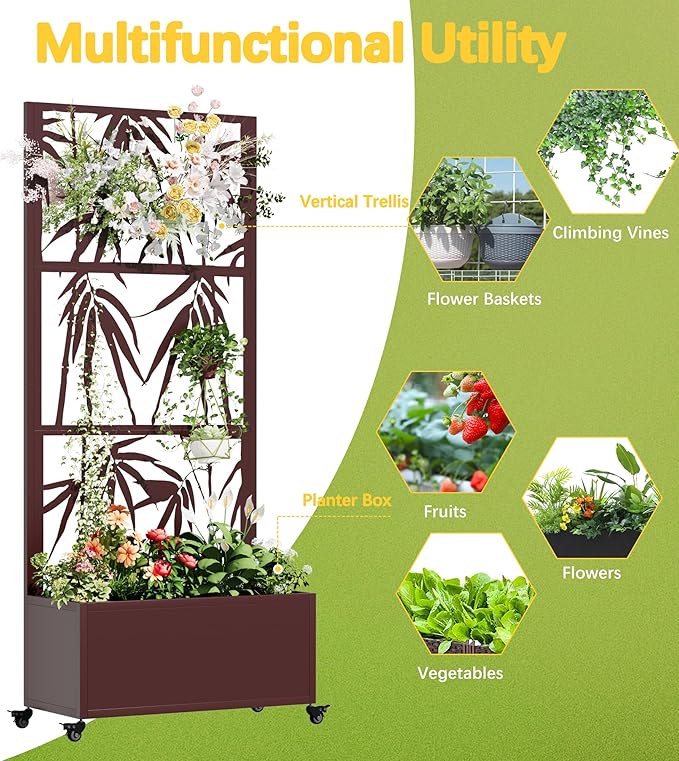 Metal Mobile Planter Box with Trellis 75x 32x 15 Moblie Planter Box Trellis with Privacy Screen Drainage Holes and 4 Lockable Wheels Brown Bamboo Style