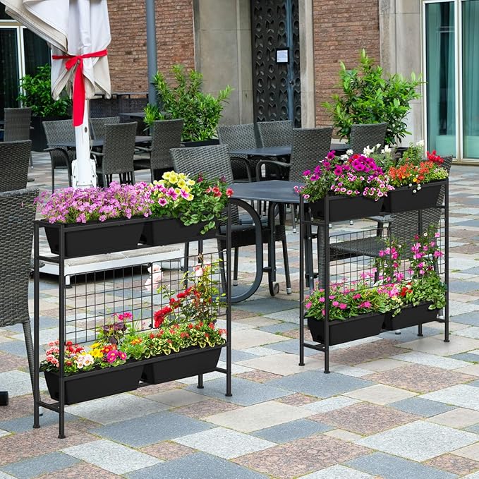 OYEAL Raised Garden Bed 32 Tall Elevated Planter Boxes with Trellis &amp Legs Standing Herb Garden Planter Outdoor for Gardening Vegetables Flowers Herbs Backyard Black