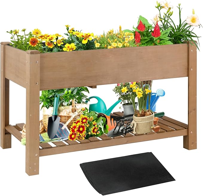 Raised Garden Bed with Legs - Elevated Wooden Planter Box Durable Fir Wood Reinforced Frame with Drainage Holes Liner and Storage Shelf for Vegetables Herbs Flowers 47 x 23 x 30