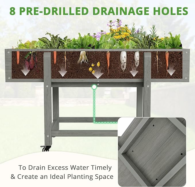 LUE BONA Raised Garden Bed with Wheels 48 * 16.7 * 28 in Poly Elevated Outdoor Planter Box with Tools Weather Resistant Standing Growing Bed Herb Planter for Vegetable Flowers Fruits