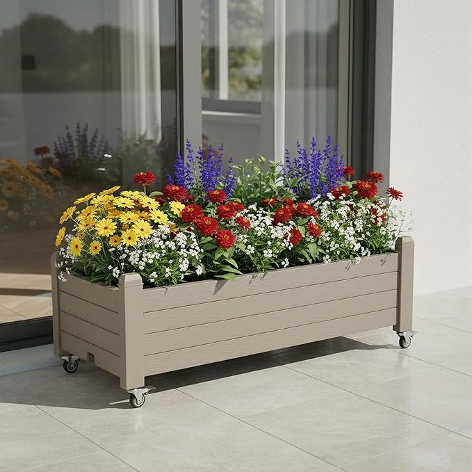 Raised Garden Bed with Wheels Outdoor Resin Planter Box with Drain Hole and Water Level Detector for Backyard Patio Balcony Gray (13.3 h)