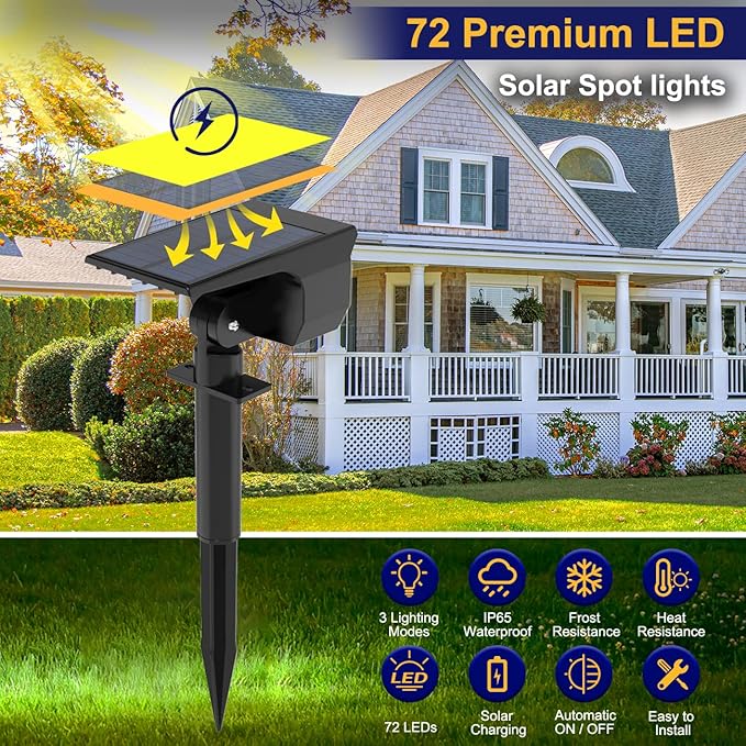 LOTMOS Solar Spot Lights Outdoor Waterproof IP67 10 Pack Landscape Spotlights with 72 LEDs3 Modes/ 2-in-1/Auto On/Off Solar Powered Flood Lights for Outside Garden Lawn Patio Driveway (Warm White)