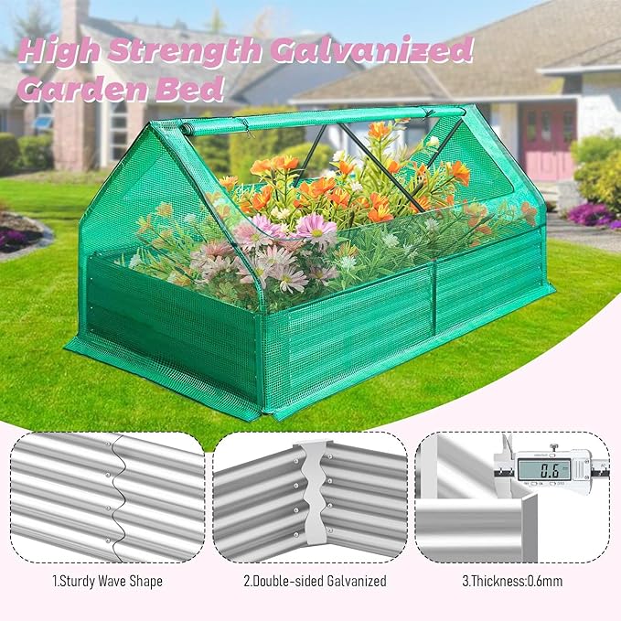 6x3x1ft Galvanized Raised Garden Bed with Greenhouse Cover Reinforced Metal Planter Box with Zippered Windows Outdoor Gardening Kit for Vegetables Flowers Plants (Green)