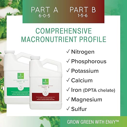 ENVY Part B (1-5-6) NPK - Part B of Two-Part Base Nutrient for Growing Vegetables Herbs &amp Fruit Complete Base Nutrients for Hydro Soil &amp Coir (Part B 4 Gallon Case)