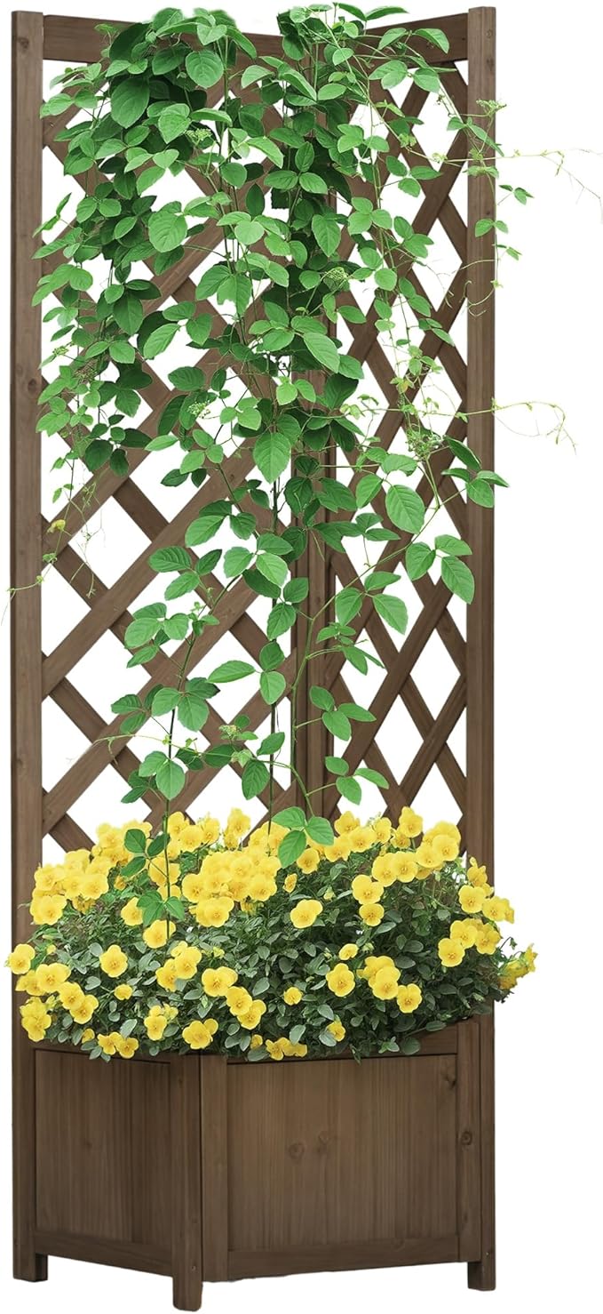Outsunny Wooden Raised Garden Bed with Trellis 57 Freestanding Corner Planter Box for Vine Plants Flowers Climbing and Planting Carbonized