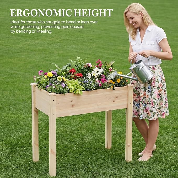 DUMOS Raised Garden Bed with Legs 48x24x30 Inch Planter Box Outdoor with Liner for Herbs Flowers Vegetables Elevated Wooden Garden Bed for Patio Balcony and Backyard Natural Wood