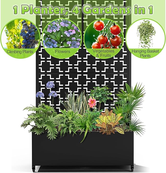 15.7×70.9×35.4 Metal Raised Garden Bed with Trellis and Wheels - Tall Trellis Planter Box for Climbing Plants Vegetables &amp Vines - Outdoor Privacy Planters for Patio (Black-Square)