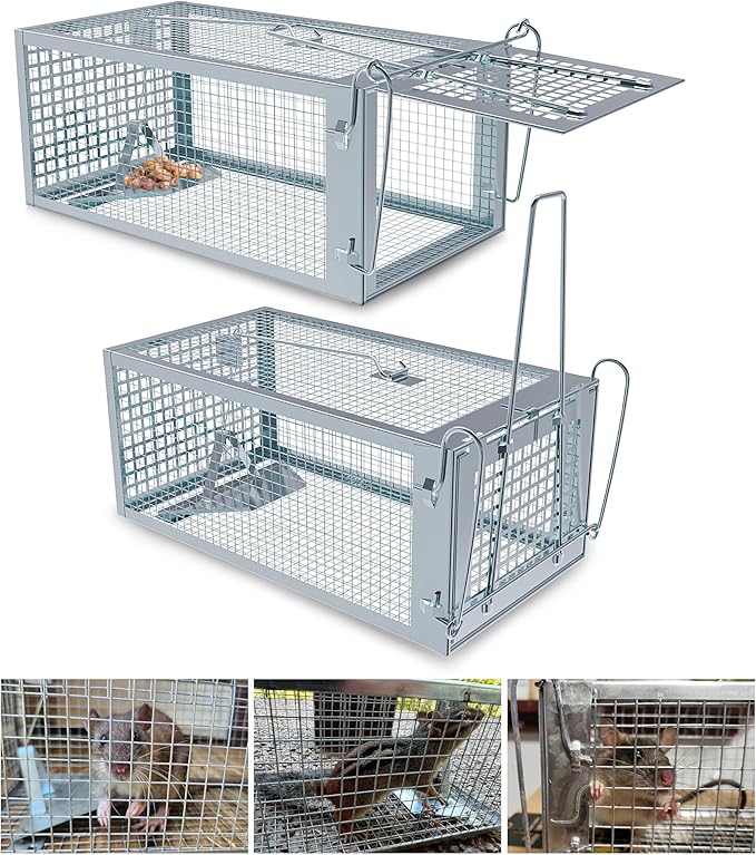 2 Packs Humane Rat Trap Outdoor Wanqueen Humane Mouse Traps Indoor for Home Small Rodent Chipmunk Trap and Other Live Animal Cage Catch and Release