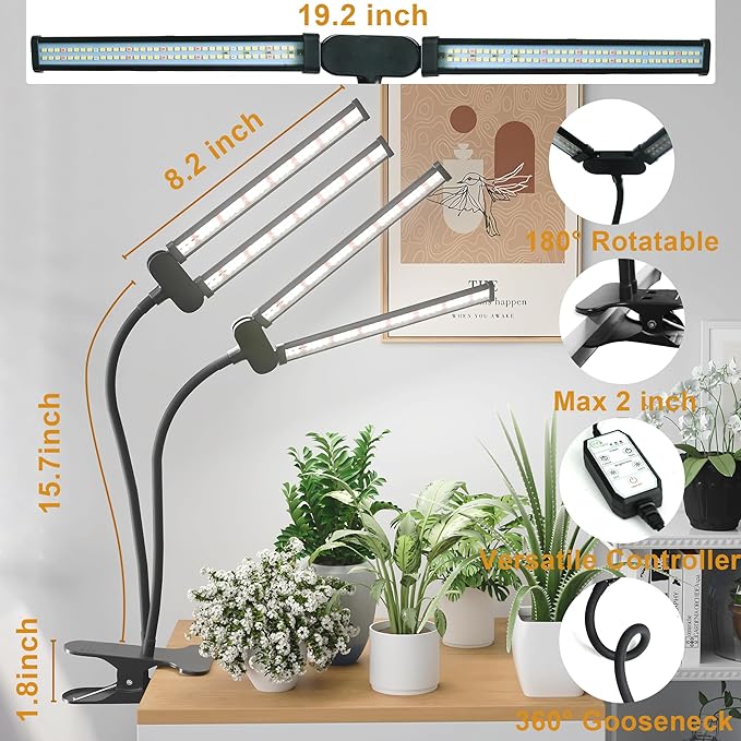 Juhefa LED Grow LightSuper Bright 6000K White Full Spectrum Clip Plant Growing Lamp with Rotatable Dual Head for Indoor Desk PlantsDimmable &amp Timer 4/8/12HHigh Power Output for Faster Growth2-