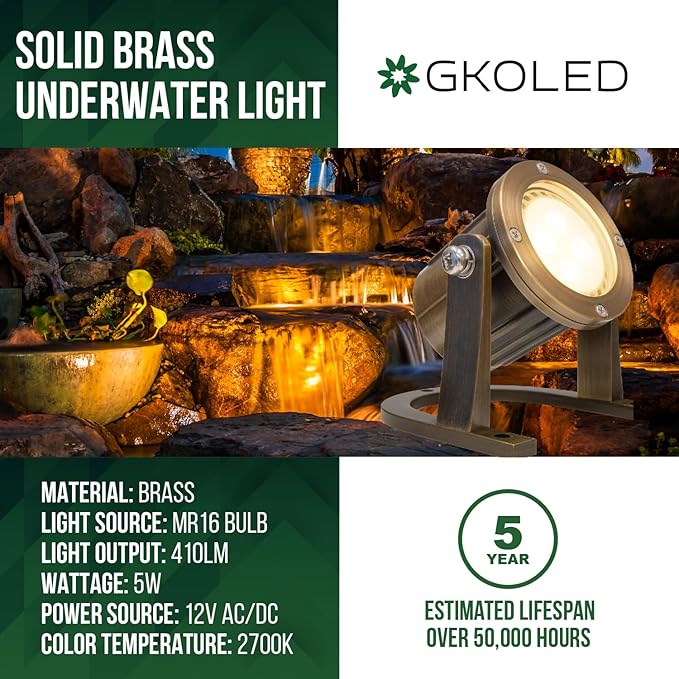GKOLED 8Pack Solid Brass Underwater Light Low Voltage LED Pond Lights Submersible Fountain Lighting with 5W 2700K 410LM MR16 Bulb 9-15V AC/DC Outdoor Landscape Light IP68 Rated Pool Spotlights
