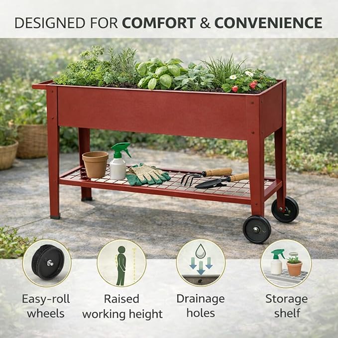 InSideOut Elevated 40 Raised Garden Bed Outdoor with Wheels &amp Shelf for Mobility Metal Planter Box for Vegetables/Herbs Patio-Balcony-Backyard (Red)