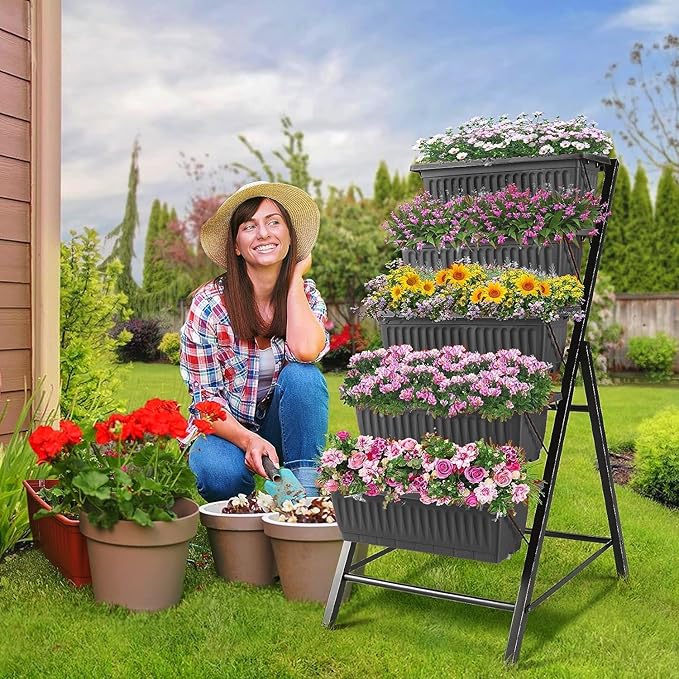 SEJOV 4FT Vertical Raised Garden Bed 5 Tiers Elevated Planter Box for Herbs Vegetables Flowers Graden Vertical Planter with Drainage System for Patio Balcony Garden Outdoor Indoor Plants (Black)