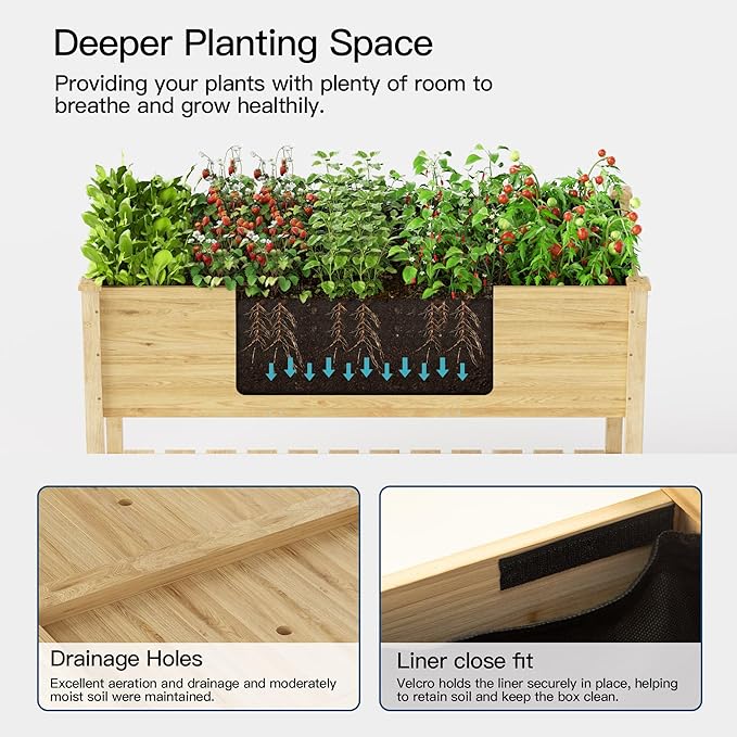 Kullavik 4 pcs Raised Garden Bed with LegsOutdoor Elevated Cedar Wood Planter Box with Storage Shelf for Vegetables/Flowers/Herbs in Balcony/Backyard/Patio220lb Capacity-Natural