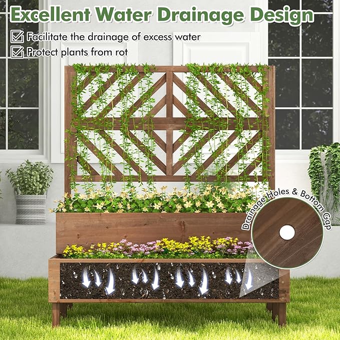 Raised Garden Bed with Trellis &amp 2 Planter Boxes 2-Tier Outdoor Wooden Elevated Planter Box with Legs &amp Drainage Holes Gardening Planters for Flowers Herbs Vegetables &amp Fruits(Brown)