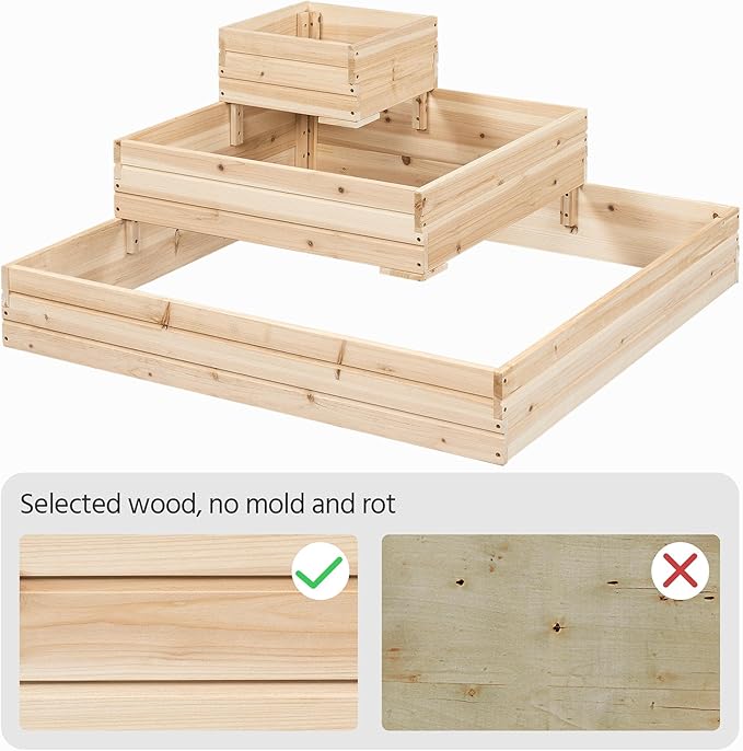 Yaheetech 3 Tier Wooden Raised Garden Bed 44.5'' L×44.5″ W×20.5″ H 2 PCS Horticulture Open-Bottom Planter Raised Garden Bed for Flowers/Herbs/Vegetables Planter Flower Box