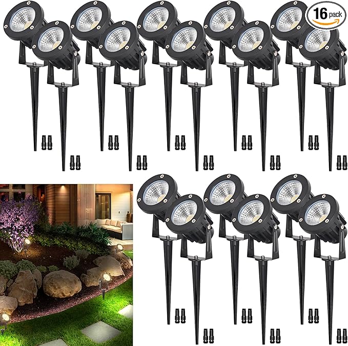 15W Low Voltage Landscape Lights LED Landscape Lighting with Connectors and Spike Stand 12V 24V Outdoor Spotlights Yard Garden Pathway Lights 1500LM Waterproof Warm White Light (16Pack)