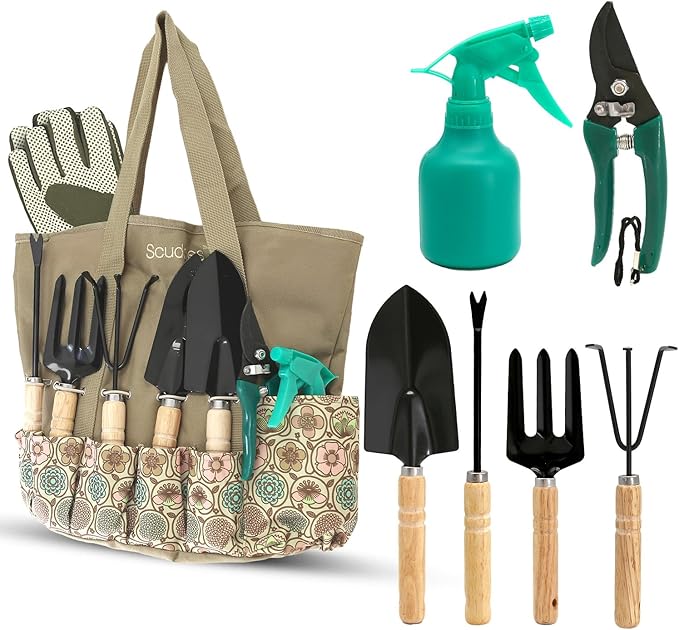 Scuddles 8-Piece Garden Tool Set with Bag Stainless Steel Tools Wooden Handles and Soft Poly-Cotton Gloves for Planting Pruning and Home Gardening