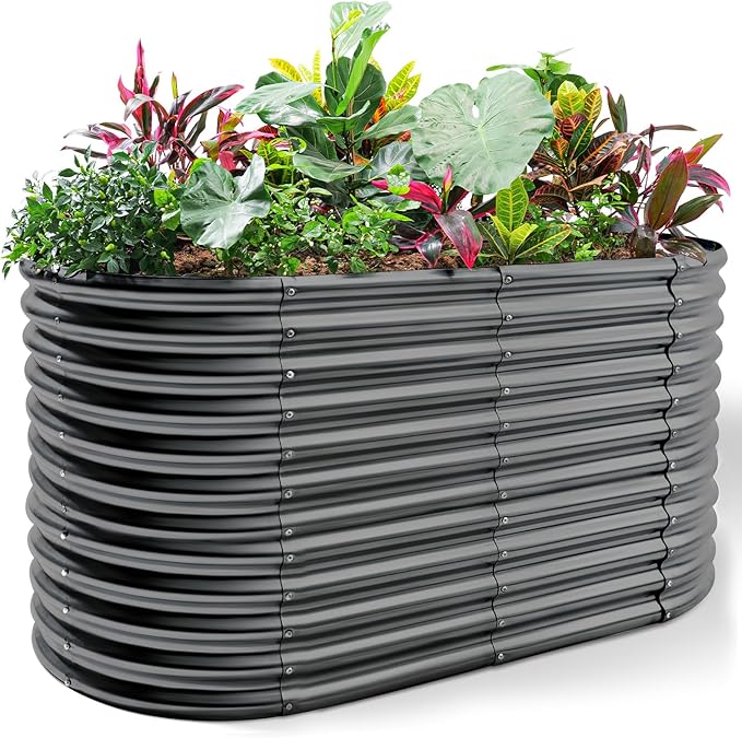 Land Guard 6x3x3ft Oval Galvanized Raised Garden Beds Large-Capacity Metal Planter Box Outdoor Durable Deep Raised Garden Bed 3ft Tall Raised Beds for Gardening Vegetables Modern Gray