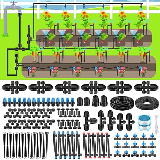 Pawfly 250 ft Drip Irrigation System Quick-Connect Drip Irrigation Kit with 50ft 1/2 &amp 200ft 1/4 Tubing and Accessories Garden Watering System for GreenhouseYardsLawnRaised Bed