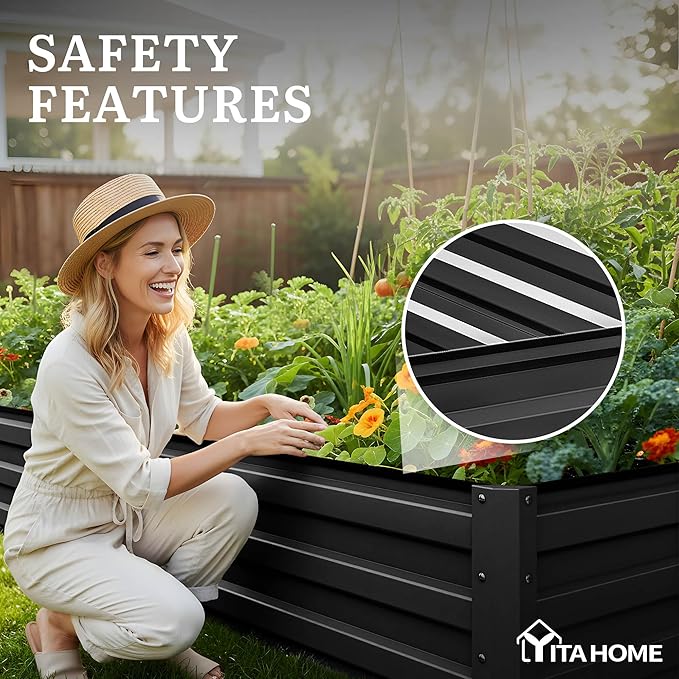 YITAHOME 6pcs 12x4x1 ft Galvanized Raised Garden Bed Kit Large Metal Planter Box with Gloves Safety Rubber &amp Support Rod Outdoor Flower Bed for Plants Vegetables Black