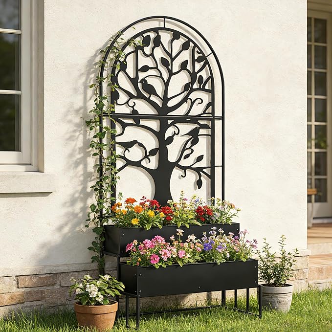Arched Outdoor Planter Box with Trellis Set of 2 for Climbing Plants 2 Tiers Metal Privacy Planters for Patio Raised Garden Bed with Legs for Vegetables Balcony 75.2 x 22 x 34.6 Inch 2PCS Black