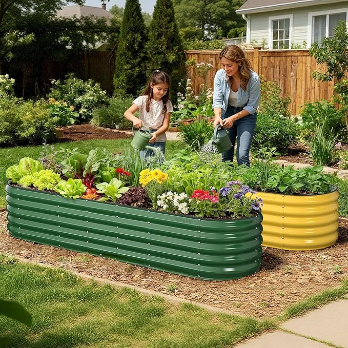 8x2x1.5 ft Galvanized Steel Raised Garden Bed Raised Garden Bed Kit Galvanized Planter Box Outdoor 18 Tall Oval Large Metal Raised Bed for Gardening Vegetables Flower Herb (Moss Green)