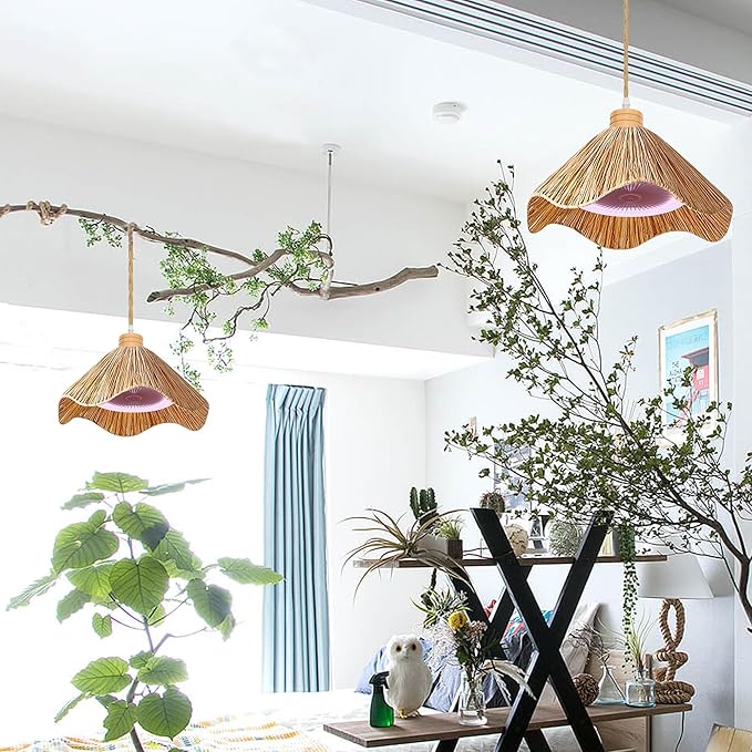 30W Full-Spectrum Lamp with 4 W Fan Timer Swag Hanging Boho Plant Growing Light by Remote Control Plug-in Hemp Rope Cord Dimmable Natural Cone Shade for Indoor Planting Portable