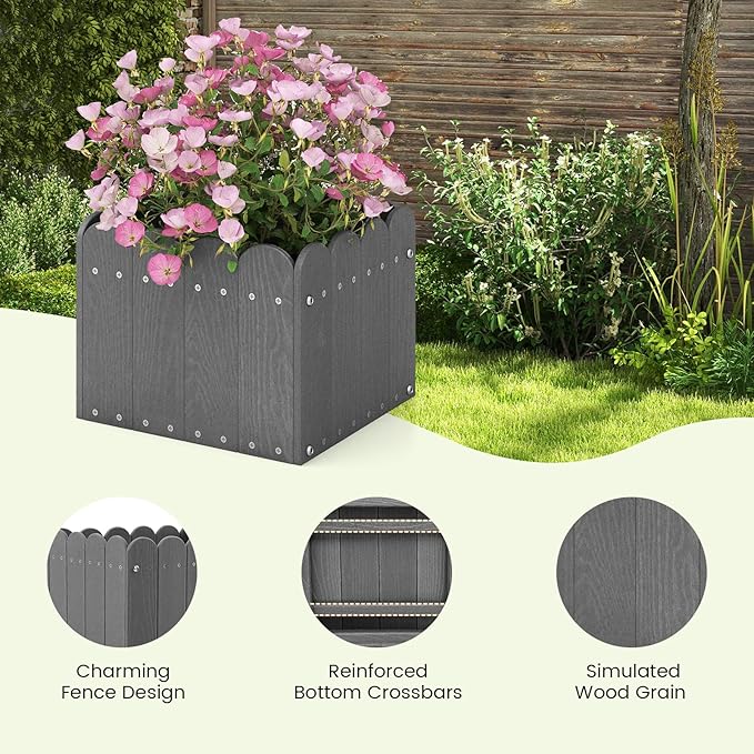 Giantex Set of 2 Raised Garden Bed Weather-Resistant HDPE Planter Boxes with Drain Gaps Square Flower Pots for Vegetables Flowers Fruits Plant Raised Beds for Front Porch Garden Balcony Grey