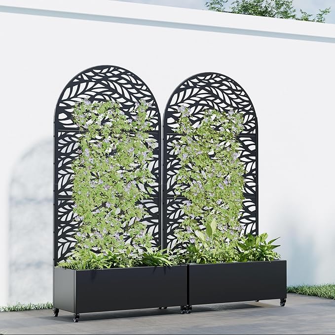 Casaphoria 72x35 Metal Raised Garden Bed with Trellis(2 Pack) Outdoor Planter Box with Wheels &amp Drainage Holes for Climbing Plants Flowers Elevated Garden Kit with Privacy Screen Black-Sprin