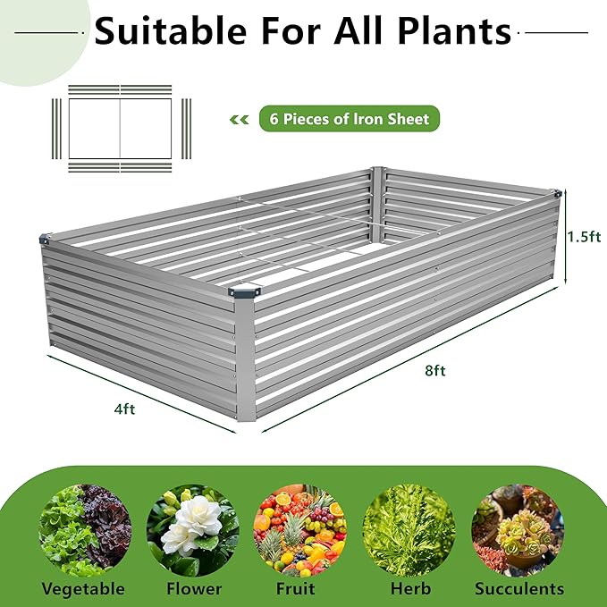 8x4x1.5FT Galvanized Raised Garden BedVegetable Boxes-Rectangle Metal Flower BoxLarge Planter Raised Beds Outdoor Garden for PlantingFruitHerb-Silver