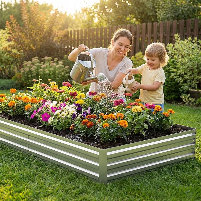 2PCS 8x4x1FT Galvanized Raised Garden Bed Outdoor Patio Large Rectangular Metal Planter BoxesPlant Container Kit for Gardening Vegetables Flowers HerbsSilver