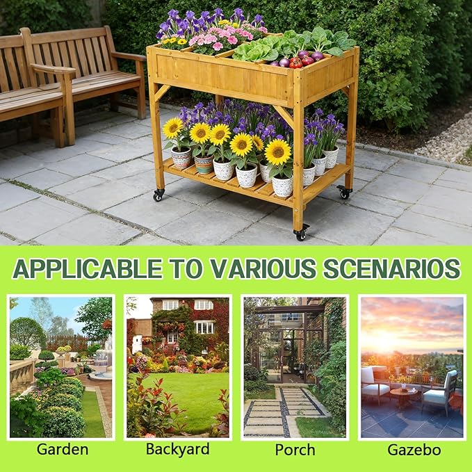 Elevated 8 Pocket Herb Garden Bed Mobile Raised Customizable Wood Planter for Herbs Vegetables Flowers w/Lockable Wheels Storage Shelf Drainage Holes (36 L x24 W x34 H)