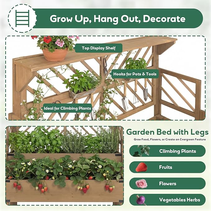 PetsCosset Raised Garden Bed with Trellis 2-Tier Elevated Planter Box with Legs &amp Top Shelf Liner Metal Corners Wooden Garden Beds for for Climbing Plants Flower Vegetables Herbs