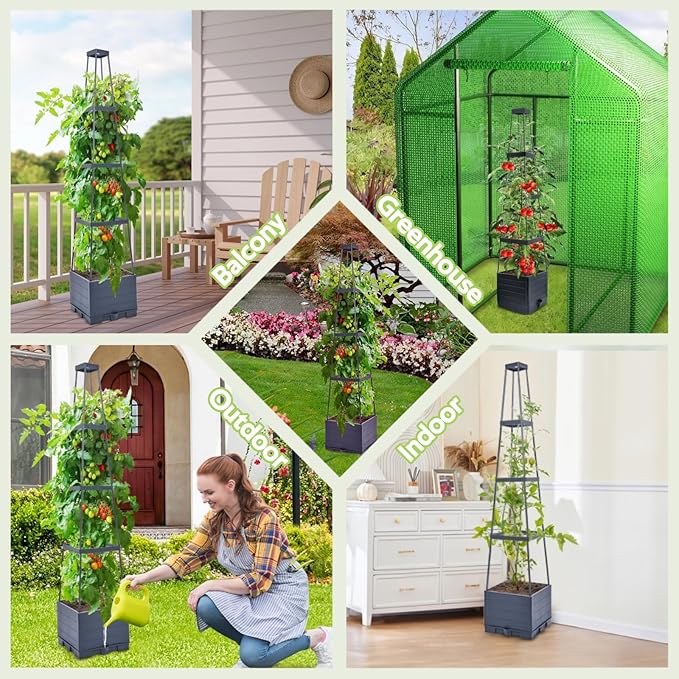 2 Pack Tomato Planter Box with Trellis for Climbing Plants Outdoor - Self Watering Raised Garden Bed Tomato Pot - 55 Tomato Cage Garden Trellis Plant Support for Vine Vegetables Herbs Flowers Indoor