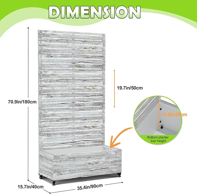 15.7×70.9×35.4 Metal Raised Garden Bed with Trellis and Wheels - Tall Trellis Planter Box for Climbing Plants Vegetables &amp Vines - Outdoor Privacy Planters for Patio (White Oak Grain)