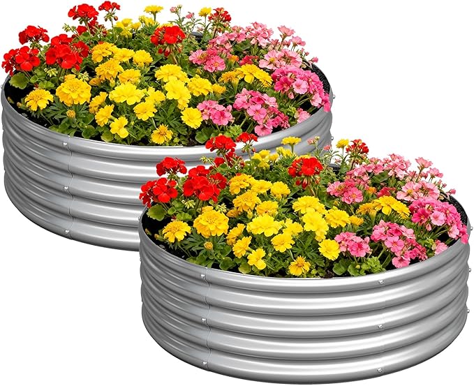 zizin 2 Pack Galvanized Raised Garden Bed Metal Round Raised Garden Beds Outdoor Planter Box for Vegetables (3FT Silver)