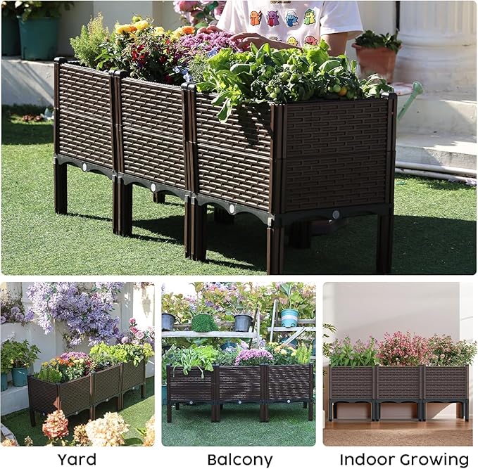 Raised Garden Beds Outdoor Polypropylene Elevated Planter Boxes Outdoor for Vegetables Flowers Herbs Garden Box with Drain Outlet Heat and Frost Resistance Planters 300lb Capacity (46X15X20in)