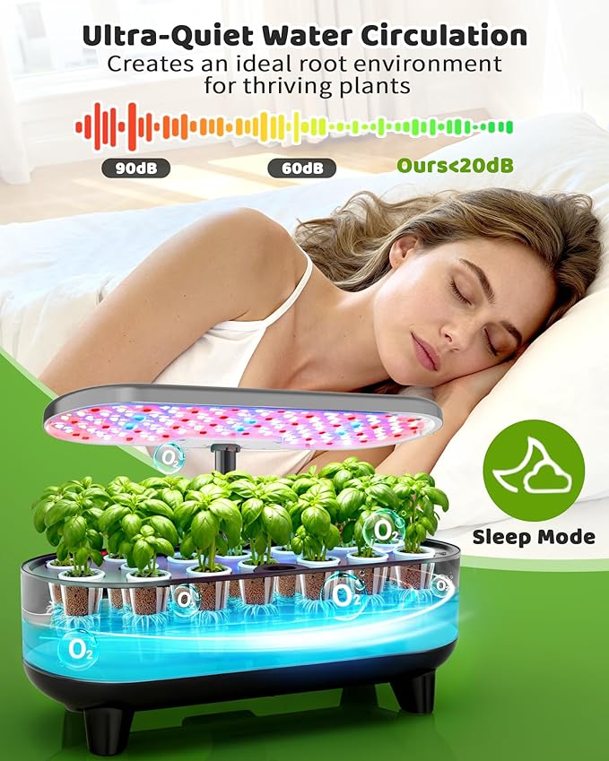 Hydroponics Growing System Kit 16 Pods Vertical 8L Indoor Gardening System for Herb Vegetable Fruit with LED Grow Light Smart Water Circulation 3 Light Modes &amp 2 Timer Gray