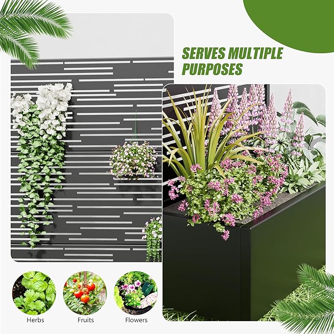 Casaphoria 72x35 Metal Raised Garden Bed with Trellis(2 Pack) Outdoor Planter Box with Wheels &amp Drainage Holes for Climbing Plants Flowers Elevated Garden Kit with Privacy Screen Black-Shine