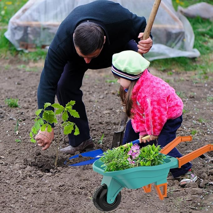 Kids Gardening Set with Wheelbarrow Real Metal Garden Tools for Kids Ages 3-8 4 Long Handle Tools 3 Hand Tool Gloves 5 Stickers Handbook Outdoor Backyard Toys for Toddler Gift