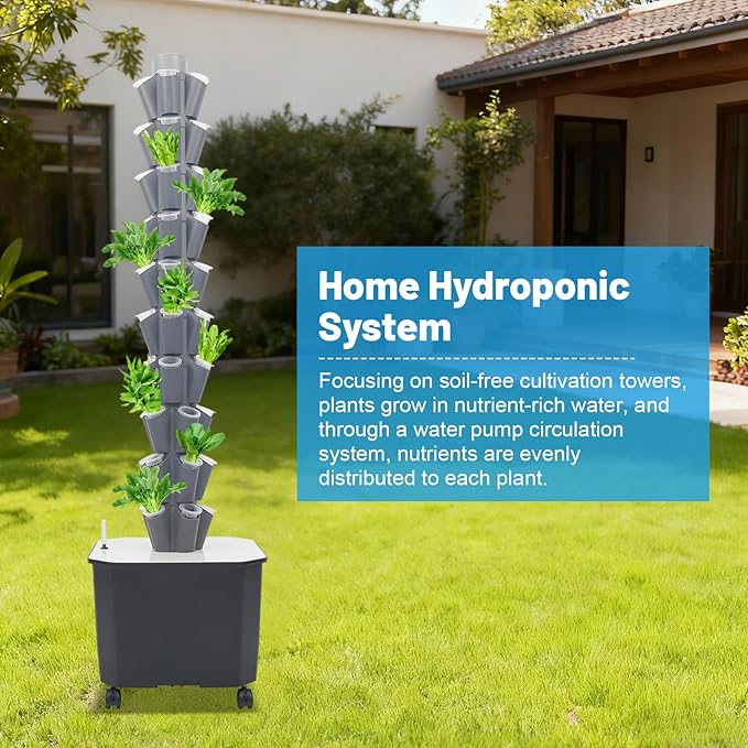 Hydroponic Growing System Kit Aeroponic Tower 50 Hole Garden Vertical Vegetable Planting System with Pump&ampTimer and Mobile 11.89Gal Water Tank (Grey)