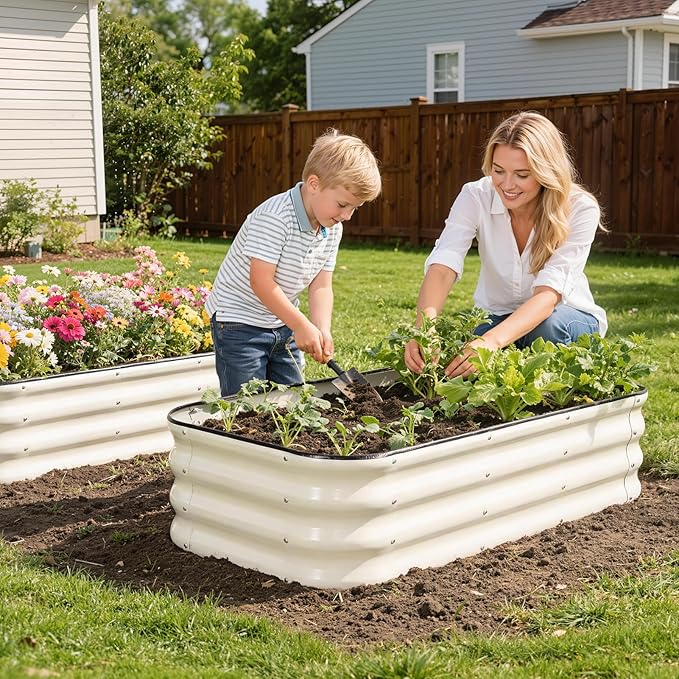 1MORE Raised Garden Bed - 4X2X1 Galvanized Planter Box for Outdoor Gardening and Planting Ideal for Vegetables and Plants.White-1Pcak