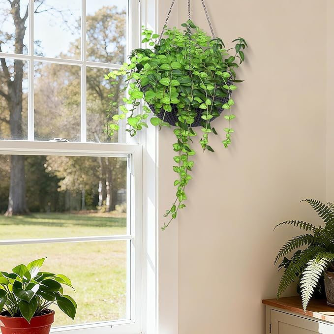 13.4 inch Self Watering Hanging Rattan Planter Large Capacity Root Rot Resistant Water Storage with Water Level Indicator Dual Use for Indoor Balcony Decoration (Pack of 2 Black)