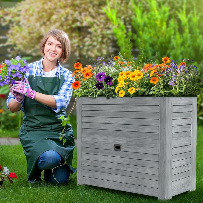 SUNYRISY 2Pack Wooden Raised Garden Bed with Storage Box 34 L x 18 W x 30 H Elevated Large Garden Planter Box for Planting Herb Vegetable Flower Outdoor Indoor Grey